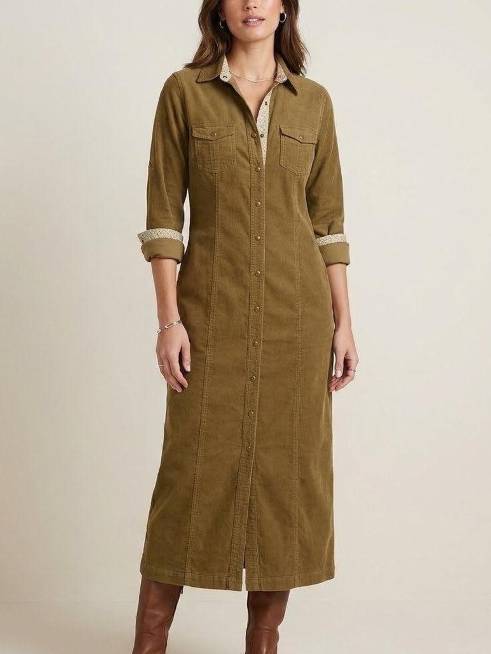 NWT Eddie Bauer Vintage Brown Corduroy Button Front Long Shirt Dress 16p